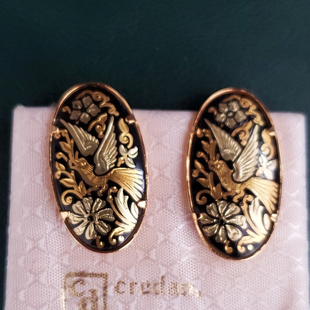 CREDAN S A SPAIN Damascene‎ Clip Earrings 24 18 Carat Gold Birds Flowers Oval